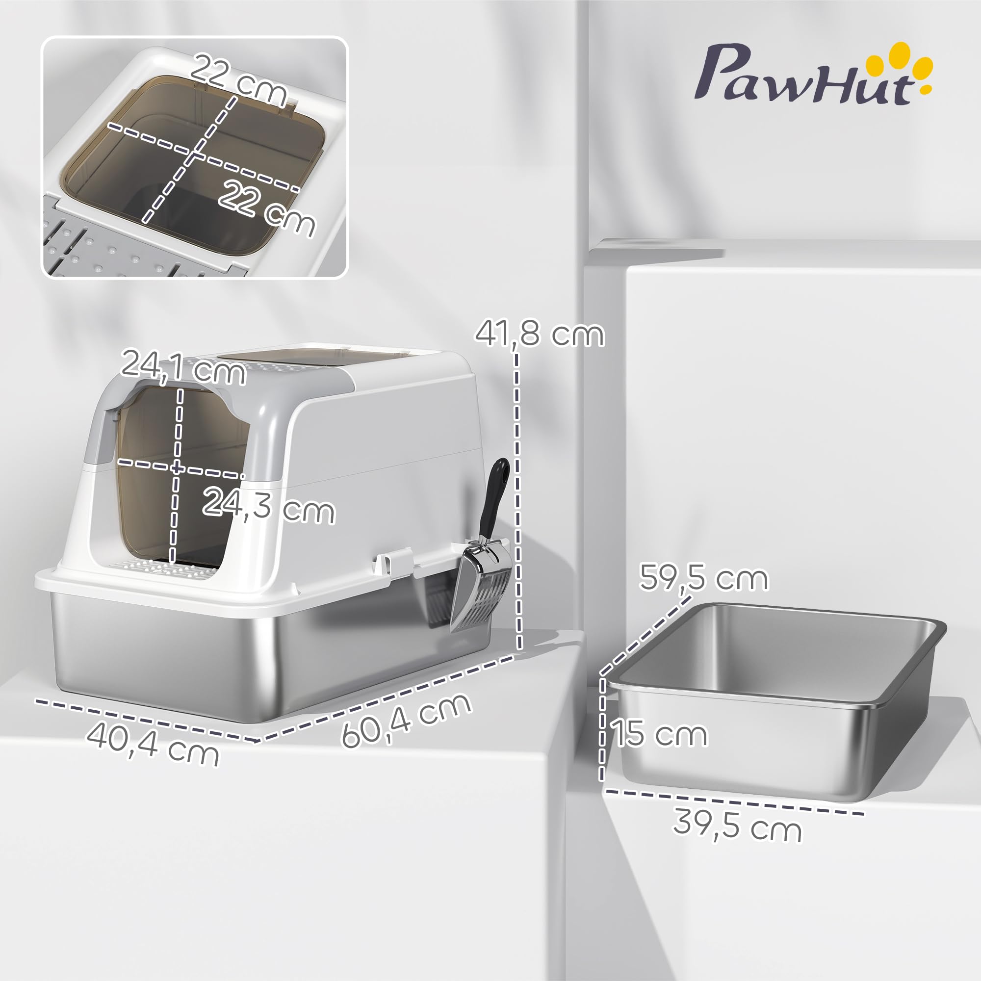 PawHut Katzenklo Edelstahl mit Deckel bis 7 kg 60,4 x 40,4 x 41,8 cm Weiß | Katzentoilette mit Haube, Schaufel, Deodorierungsbeutel, Doppelgänge Katzentoilette, für Katzen