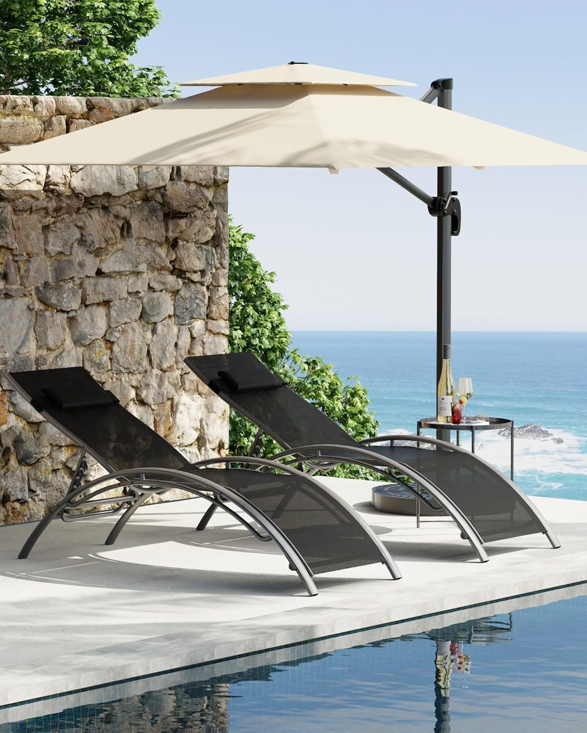 Pool Lounge Chairs Set of 2, Aluminum Adjustable Outdoor Chaise Lounge, Rust-Resistant Poolside Chairs, All-Weather Outdoor Recliners for Poolside Deck Lawn Balcony, Black