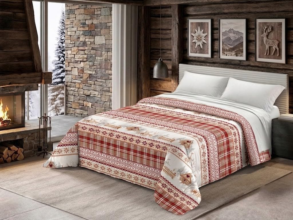 SpazioTessile Trapunta Piumone Invernale Microfibra Fantasia Montagna Valgardena Made In Italy, Rosso, Matrimoniale 260x260