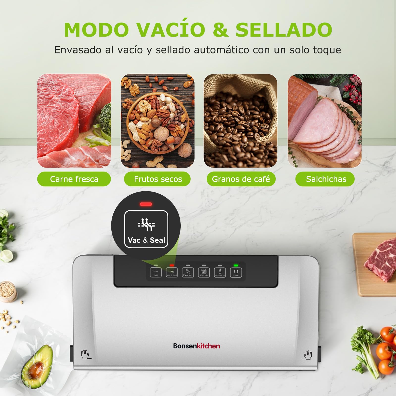 Bonsenkitchen Envasadora al Vacío, Maquina al Vacio con 5 Modos, Cortador y Almacenamiento de Bolsas en Rollo, Vacío Rápido, Incluye 10 Bolsas de Vacío y 1 Bolsa de Rollo-VS3000