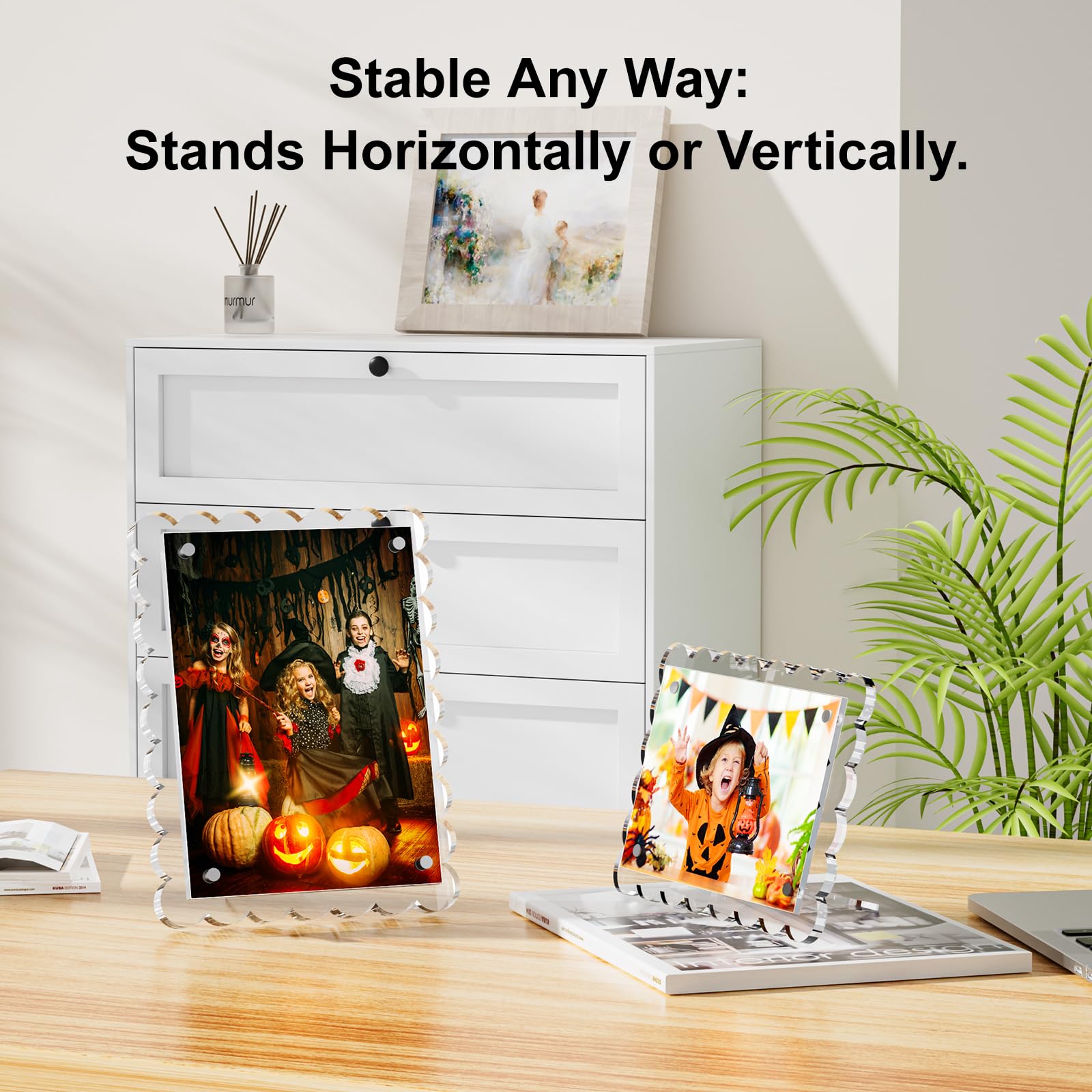 HELPLEX Lot de 3 cadres photo magnétiques en acrylique transparent avec bords festonnés pour affichage horizontal ou vertical, support de photo de table ou de bureau 10 x 15 cm