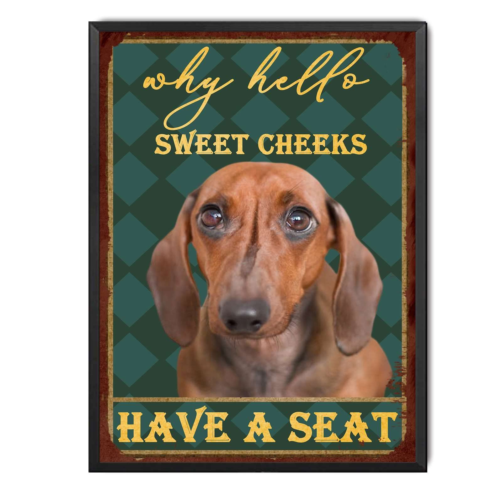 Metal Tin Sign Dachshund Inspired Vintage Decorative Wall Plaque, "Why Hello Sweet Cheeks" Bathroom Poster For Home Bedroom Living Room Bar Cafe Farmhouse Indoor Outdoor Wall Decoration, 12x16 Inch
