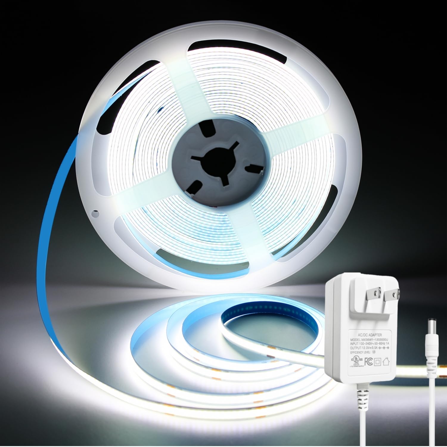 32.8FT 6000K White COB LED Strip Lights Dimmable (with 24V Plug)