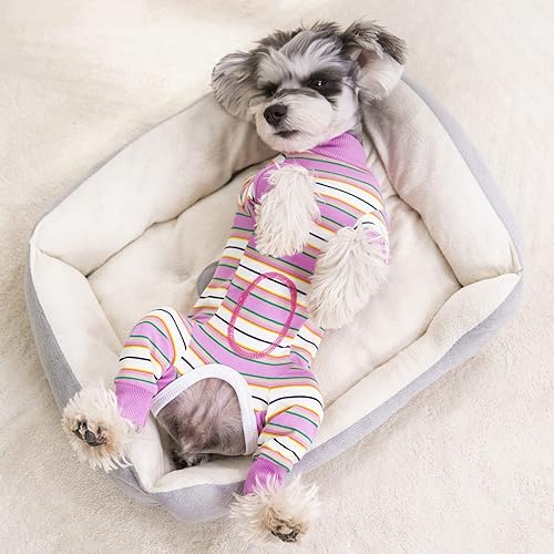 Miniatura 10 de Traje de recuperación a rayas para perros, mameluco para cachorros después de la cirugía para perros machos, pijamas de manga larga para perros y