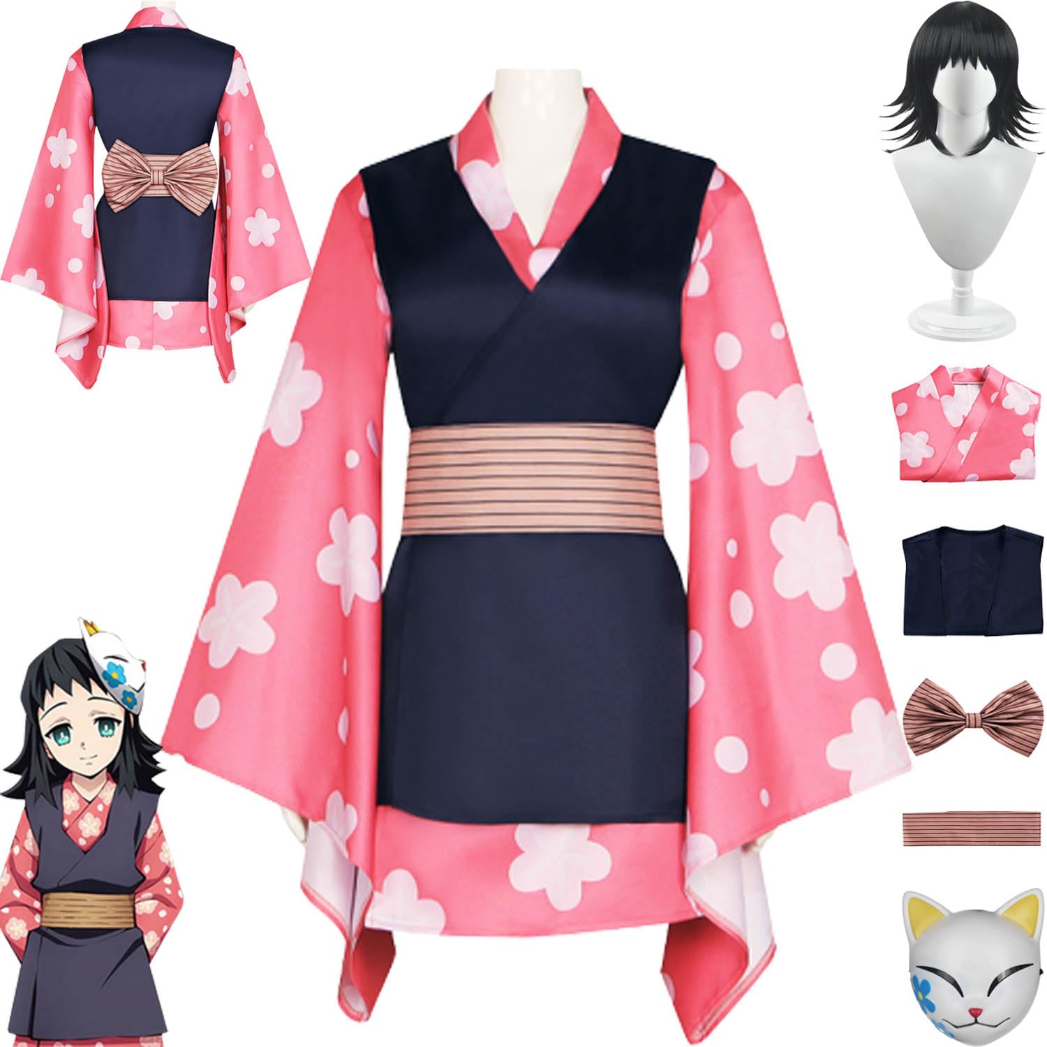 Anime Personaggio Makomo Cosplay Costume Vestito Douma Gioco di Ruolo Uniforme Set Completo Halloween Carnevale Festa Dress Up Suit con Parrucca Maschera per Donne