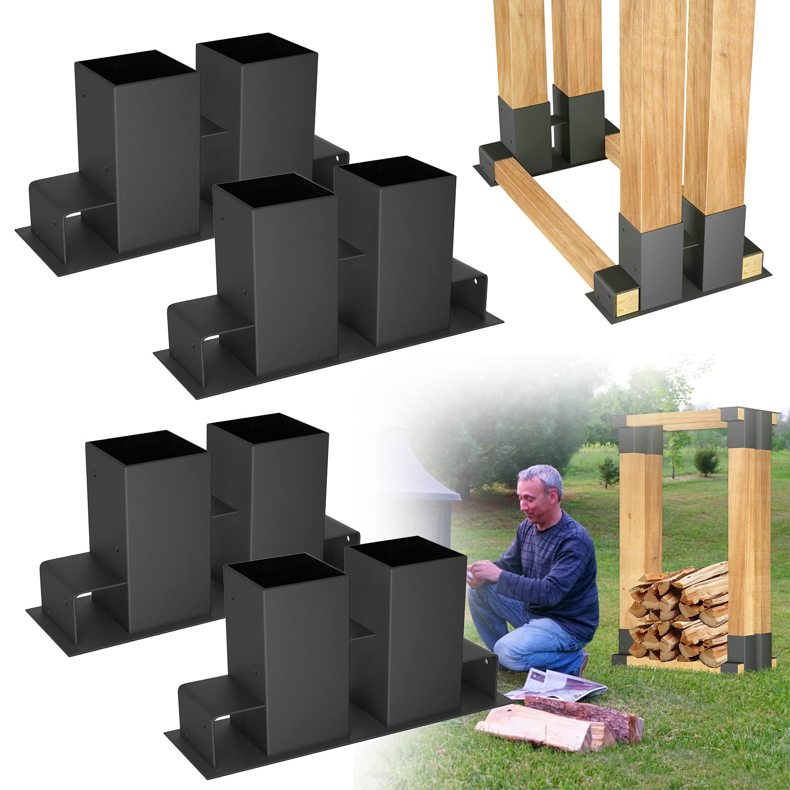 Holzstapelhilfe 4er Set, stabile Holz Stapelhilfe,Einfach zu installieren Brennholz Stapelhilfe, beschichteter Stahl, schwarz, 30x10x15 cm