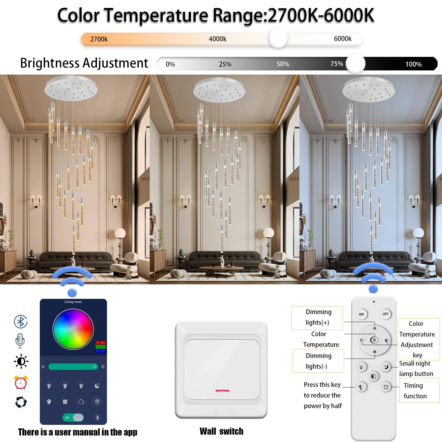 Lámpara de araña Moderna Plateada de 20 Luces Regulables - Elegante lámpara Colgante de Cristal para techos Altos, vestíbulo, Escalera, Pasillo, Villa. Longitud: 3,5 Metros (11,5 p