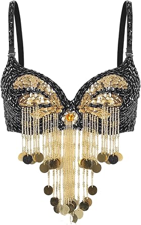 Womens Sequin Beaded Tassel Corset Bra Clubwear Crop Tank Tops for Performance Festival Belly Dance