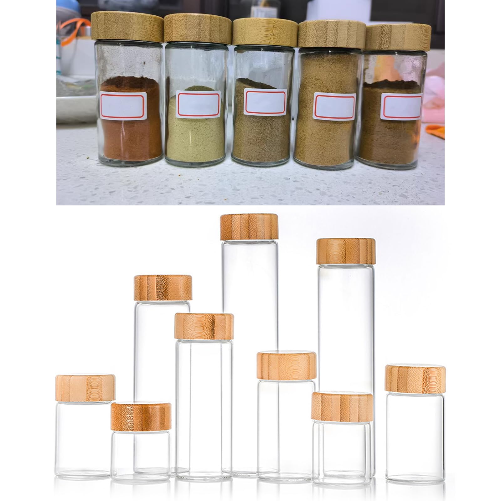 De 24 herméticos Multiusos, Recipiente de Vidrio Resistente con Cubiertas de bambú, diseños para Almacenamiento de Especias y condimentos, tarros de Especias