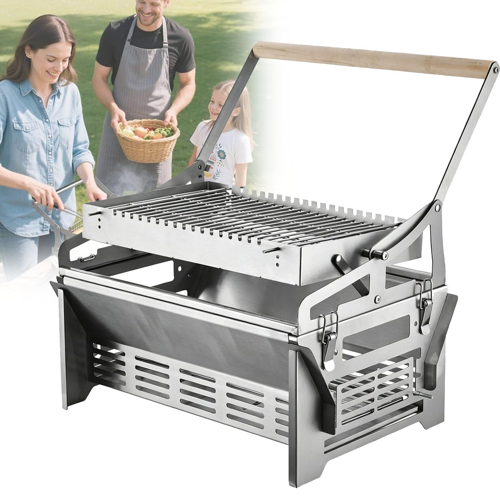 ylpddmm 360° Rotating BBQ Cooking Grid, Charcoal Outdoor BBQ, Camping Charcoal BBQ Grill, Stainless Steel Flipping Barbecue Grill for Camping BBQ Picnics Beach Party