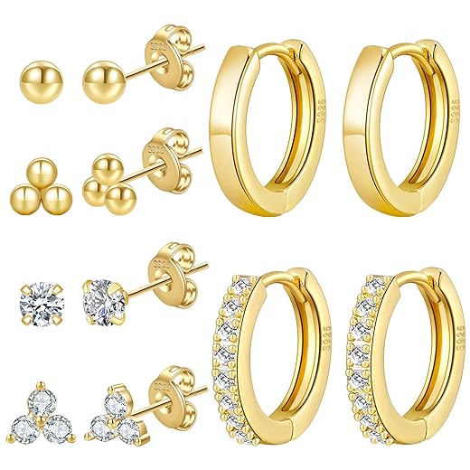 PRETOLE 6 Pairs Sterling Silver Stud Earrings for Women,14K Gold Plated Tiny Stud Earrings Set for Multiple Piercing Cartilage Hypoallergenic Earrings Cubic Zirconia Small Stud Earrings for Girls Men