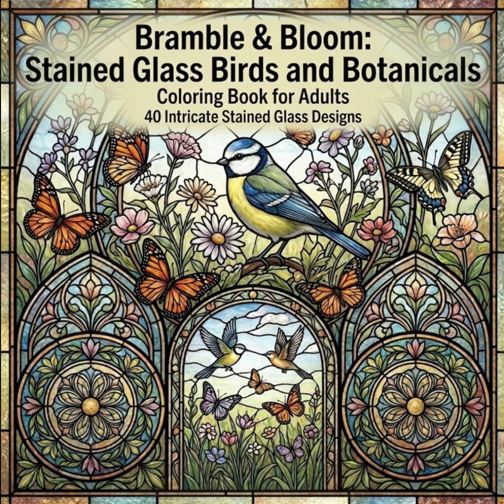 Bramble & Bloom: Stained Glass Birds and Botanicals Coloring Book for Adults: 40 Intricate Stained Glass Designs Featuring Birds, Flowers, and ... Panels for Relaxation and Creative Expression