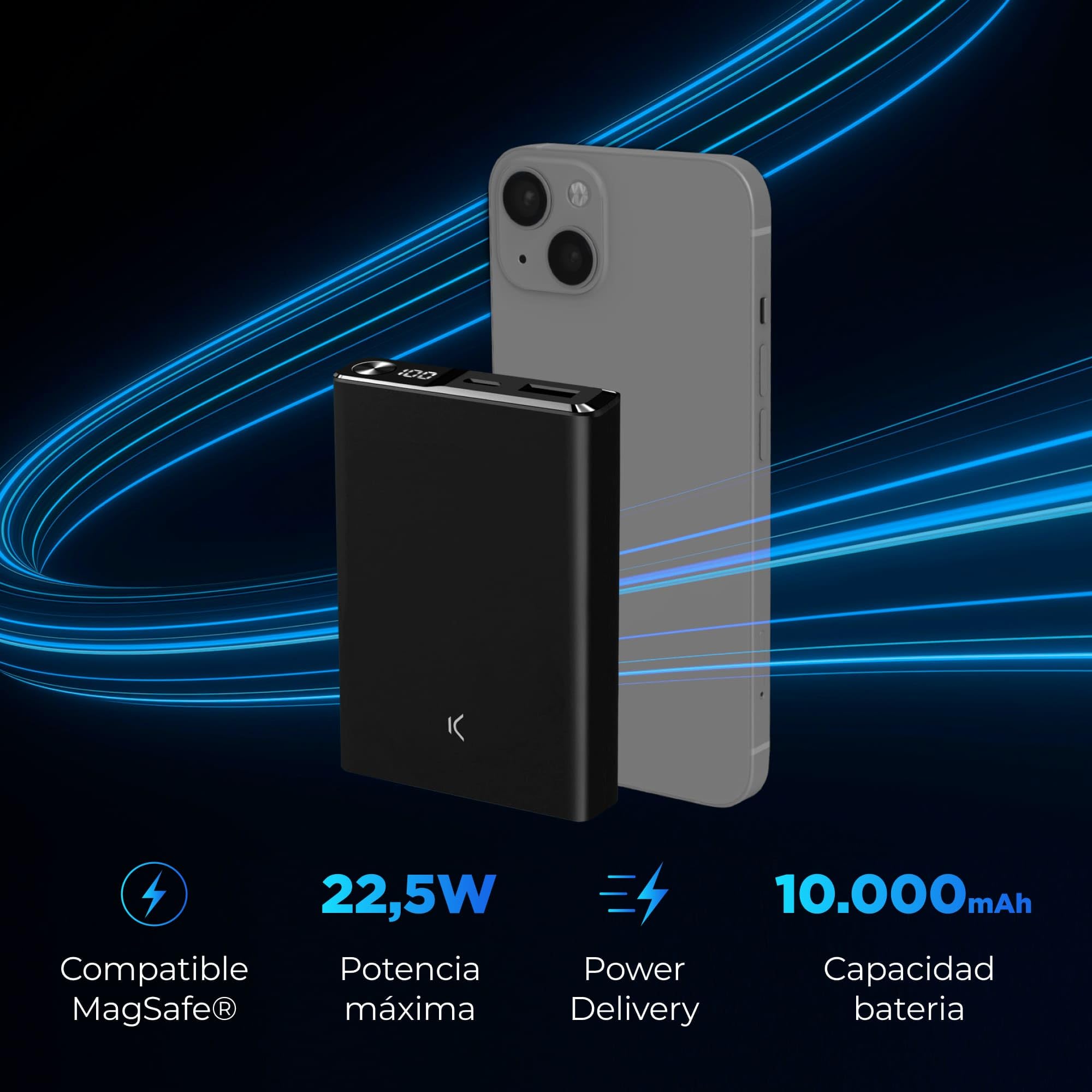 KSIX Powerbank Magnética, Batería Externa 10000 mAh, Carga Rápida 22,5W, Power Delivey, Compatible, Power Delivery, 22,5 W, Cable USB-A a USB-C, Carga simultánea, Negro