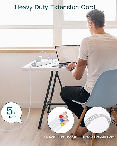 Miniatura 7 de Addtam - Protector de sobretensiones con 6 salidas de CA y 4 puertos USB (2 USB-C), cable de extensión de enchufe plano, soporte de pared para el