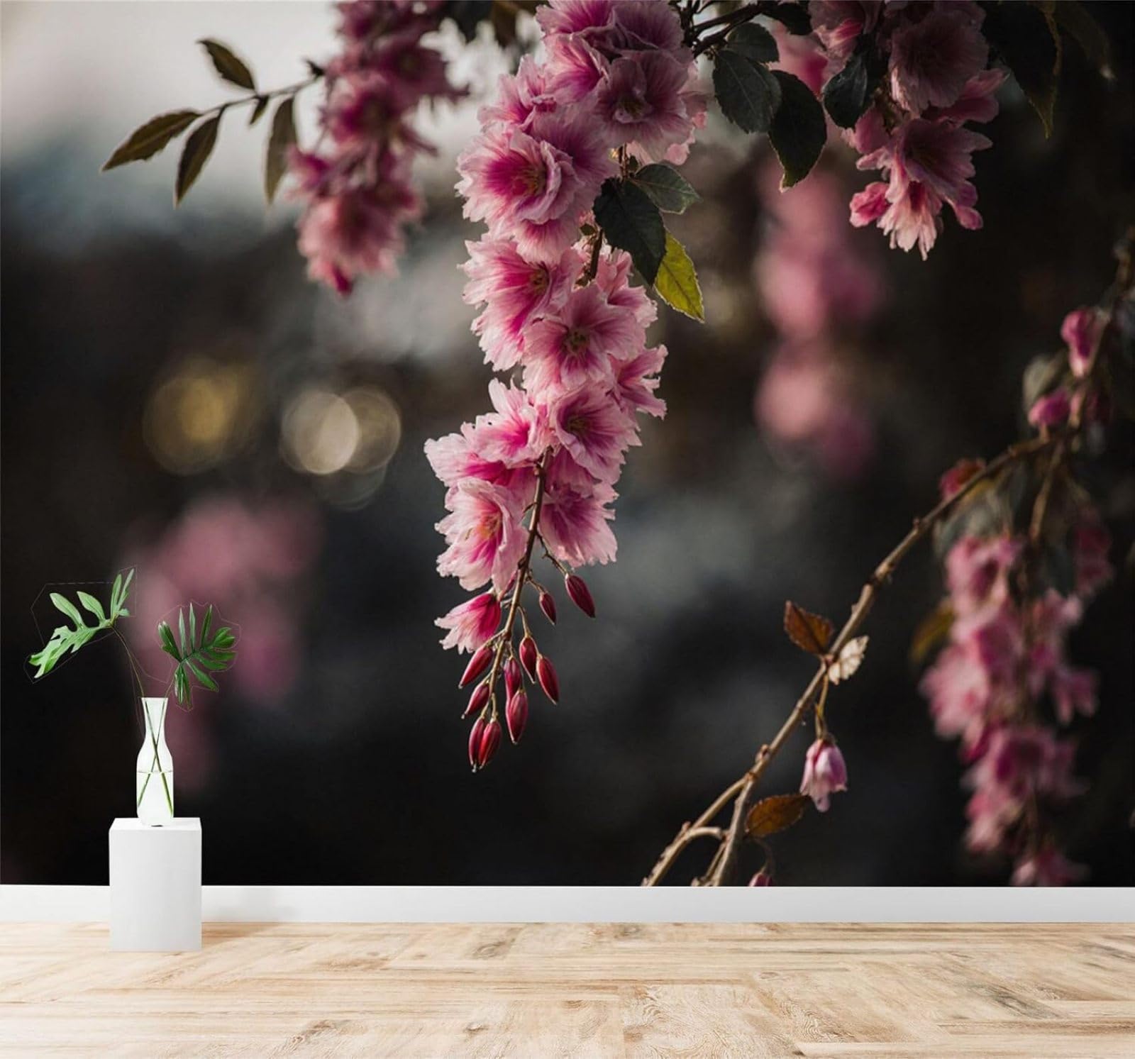 XLMING Romantic Pink Flowers Branches Dark Background Photographic Art 3D Wallpaper Silky Texture Home Study Office Grey Dining Room Sofa Bedroom Living Room TV Backdrop-350cm×256cm