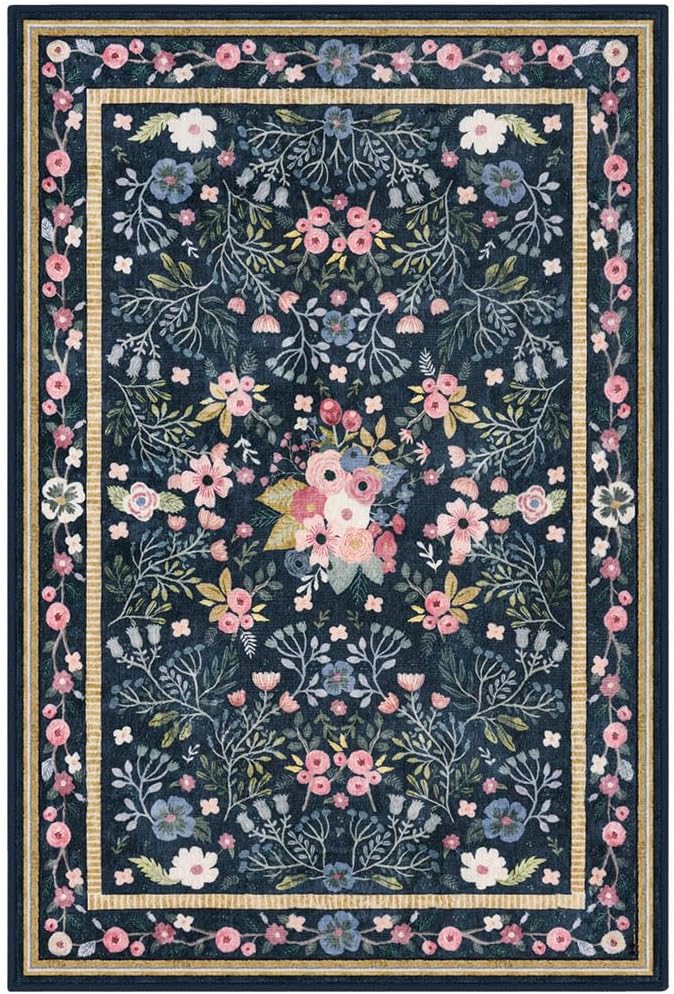 Area Rugs for Living Room 8x10, Washable Non-Slip Thin Floral Vintage Boho Rug for Bedroom Dining Room Office, Nursery Rug Indoor Lightweight Carpet, Blue/Multi