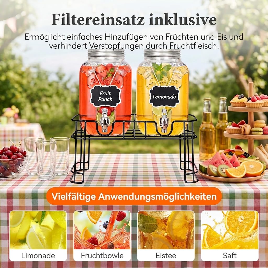 Lifewit 2x4L Getränkespender aus Glas mit Zapfhahn, Eiszylinder und Schild | Trinksäule mit Schild für Cocktail Bier Saft Wasser Tee Getränke, Limonadenspender mit Kühlung für Party Hochzeit Buffet