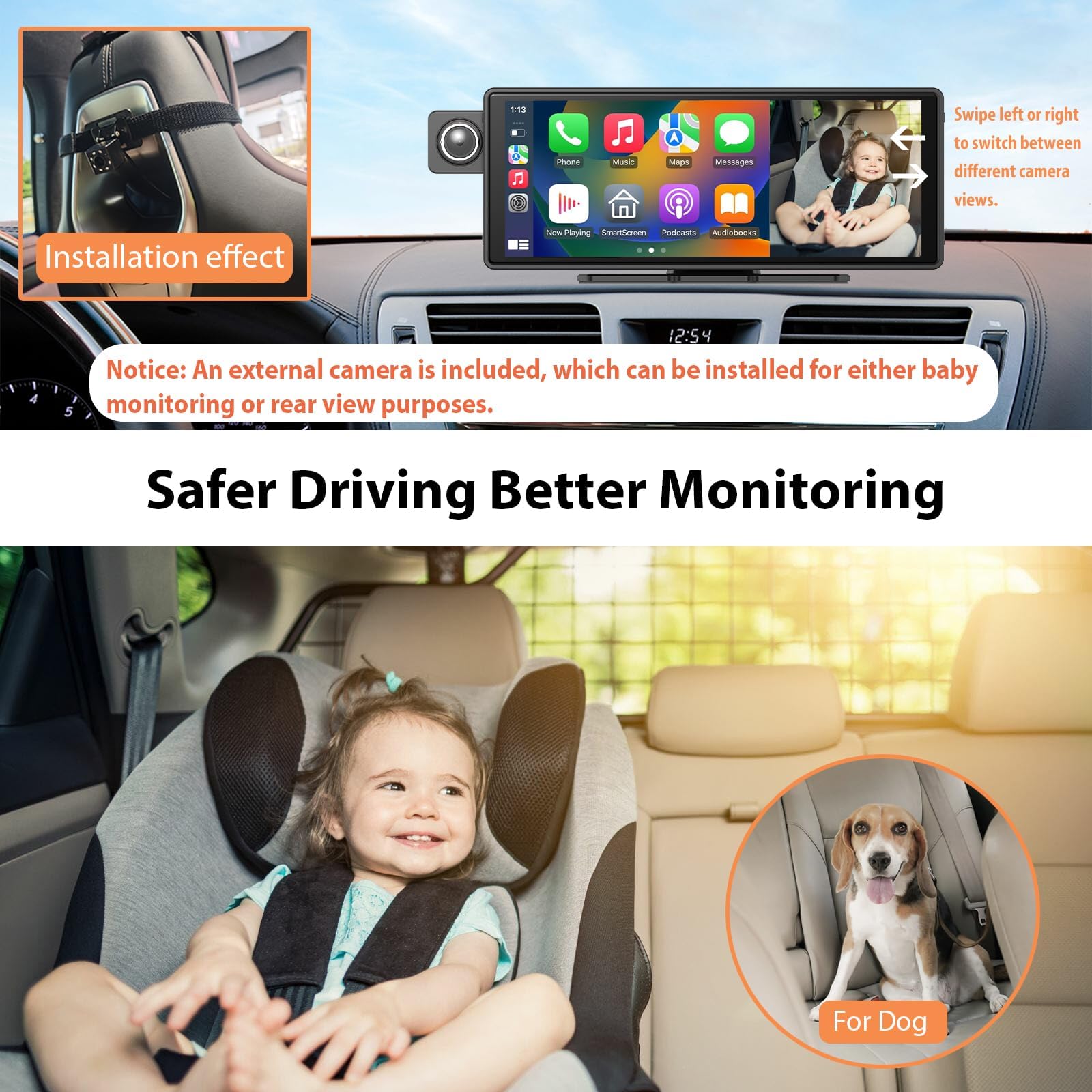 Sunweyer 10,3-calowy samochodowy rejestrator wideo, przenośny samochodowy stereo, do monitorowania dziecka, kamery na tylnym siedzeniu, przenośny bezprzewodowy ekran CarPlay, Android Auto, nawigacja
