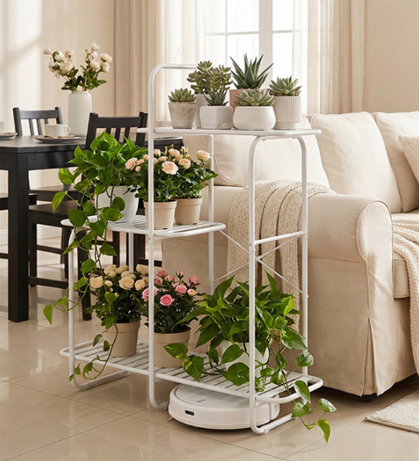 Support pour plantes en métal blanc, étagère à 3 niveaux grands pots fleurs