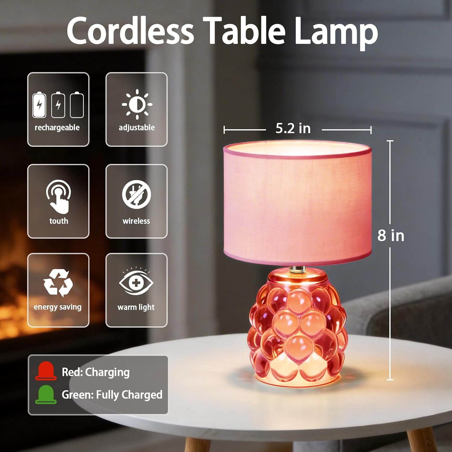 MJ PREMIER Pink Rechargeable Table Lamp Battery Powered Lamp Dimmable Touch Control 3 Color Night Light, Wireless Portable Desk Lamp with USB for Girls Bedroom, Nightstand Kids Room, Home Decor