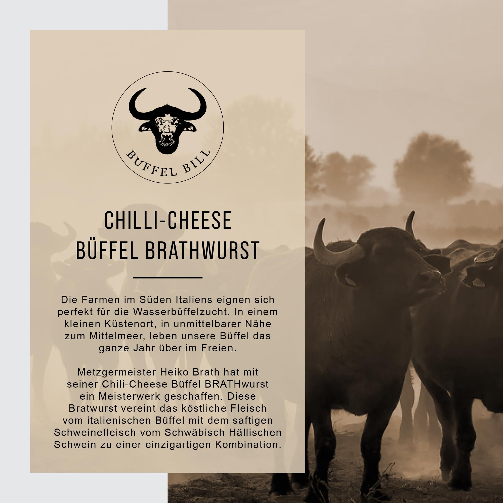 Büffel Bill Chili Cheese Bratwurst I 2x4 Würstchen á 100 g bestehend aus Büffelfleisch & Schweinefleisch I Büffelwurst feurig verfeinert mit roter Chili