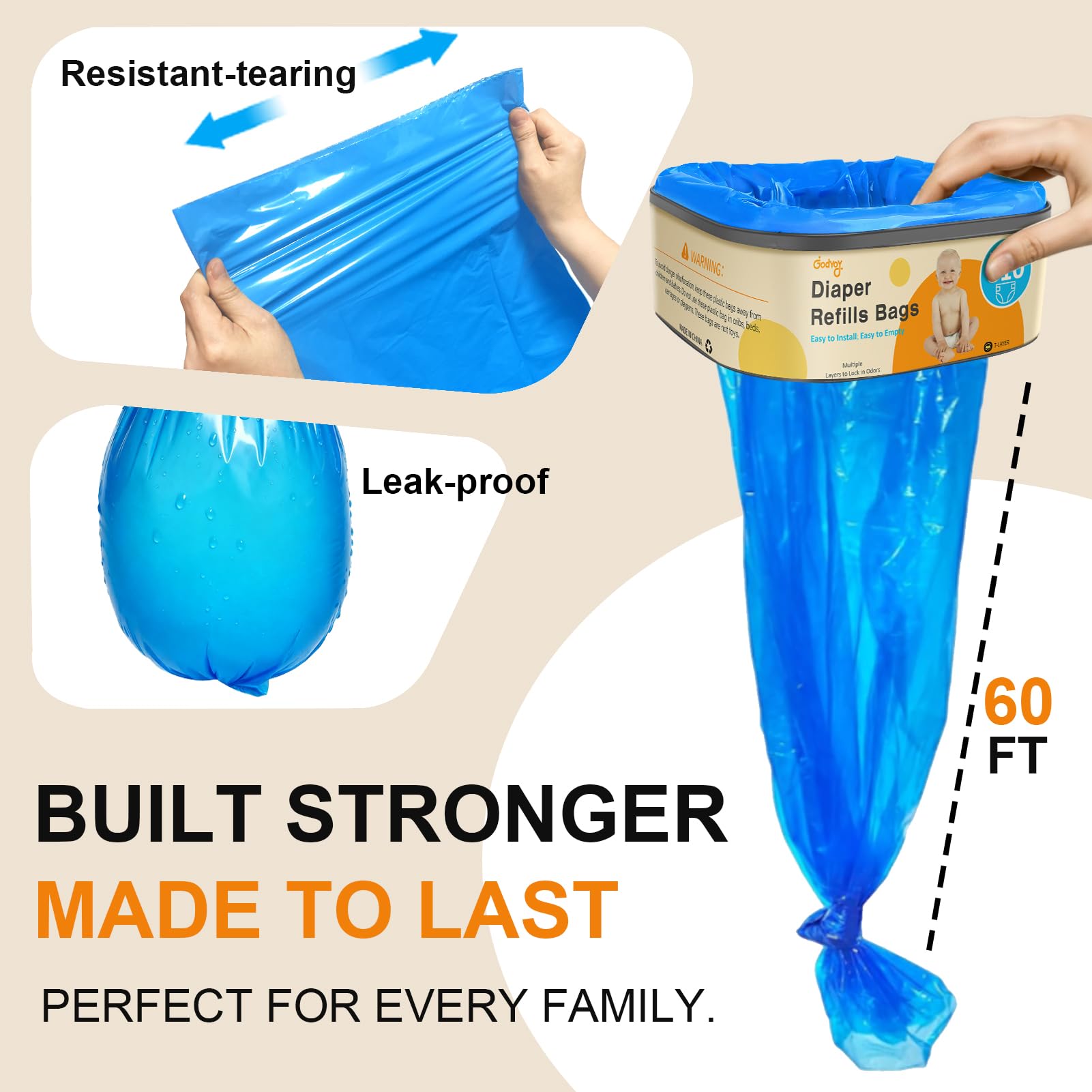 Jumbo Square Refill Compatible with Diaper Genie Classic/Compact/Select Pails,Odor Control & Durable,Holds Up to 810 Newborn Diapers,Unscented Disposal Bag Refills with Continuous Film（3 pack） - 4