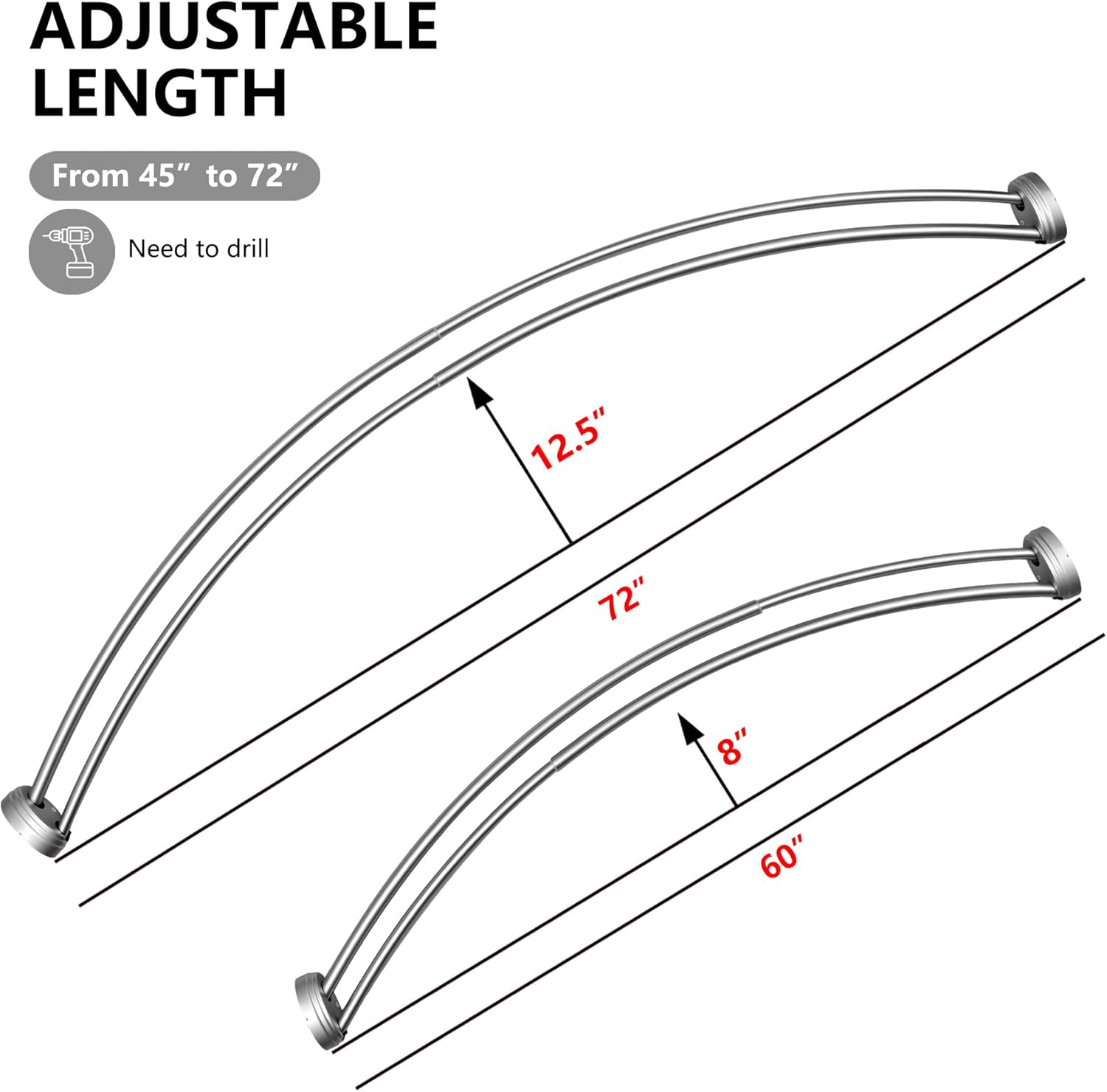 Utopia Alley Rustproof Wall Mounted Aluminum Double Curved Shower Curtain Rod, Screw Mount Rod, Secure Than Tension, Adjustable Shower Rod from 45" to 72", Includes shower liner & hooks (Chrome)