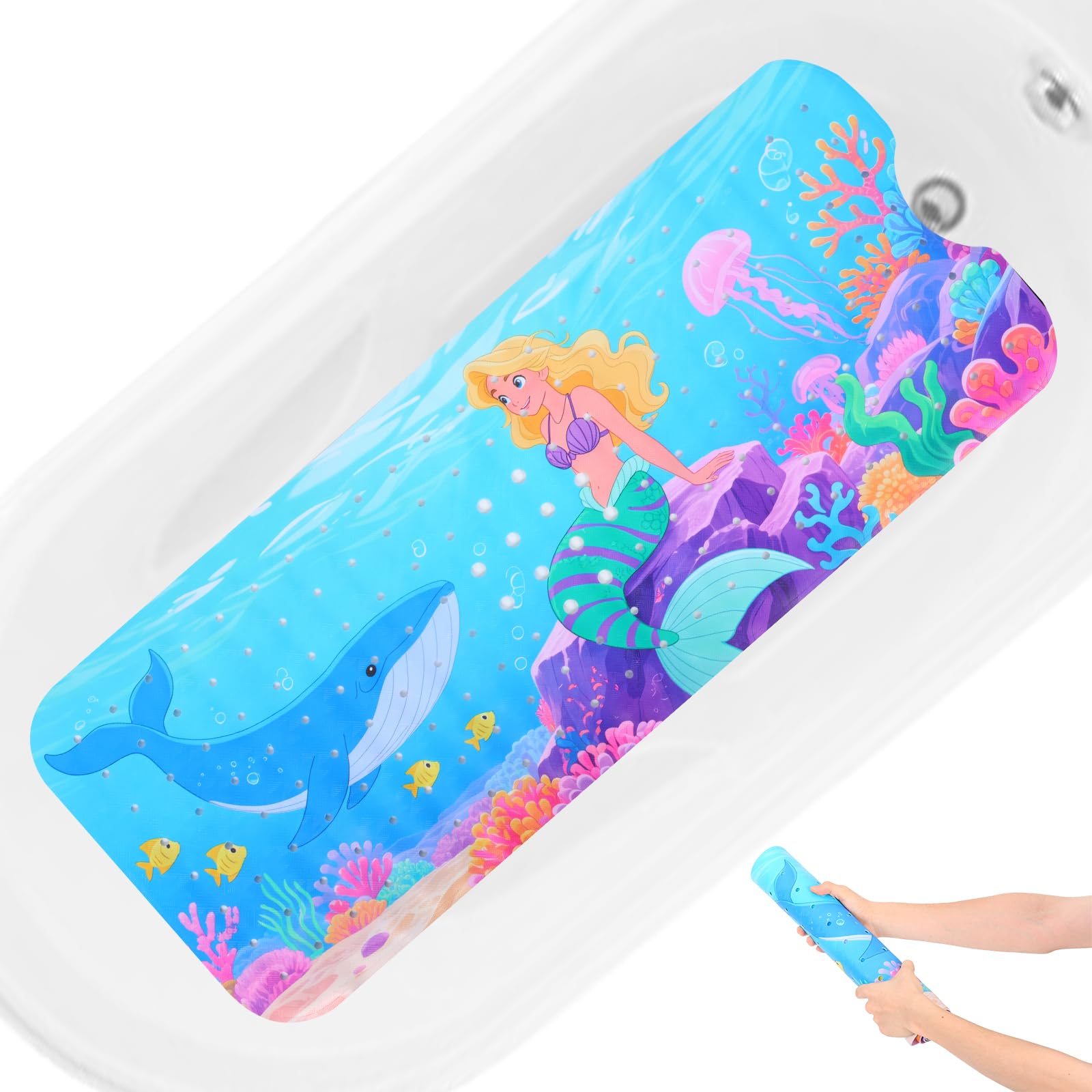Bath Mat, 40x16inch Non Slip Cute Cartoon Shower Mat with Strong Suction Cups, Bathtub Mats for Toddlers Children, Machine Washable(B)