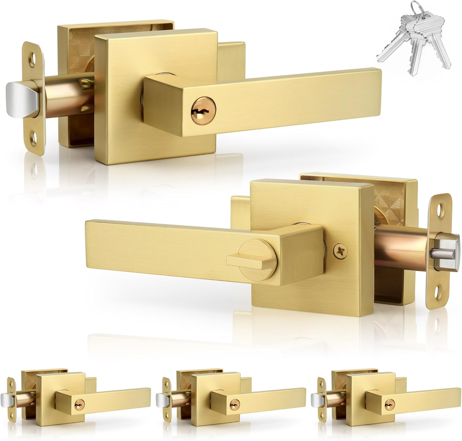 Gold Door Handles with Lock and Key 5 Pack, Brushed Gold Interior Exterior Keyed Entry Door Handles, Heavy Duty Square Gold Door Levers for Bedroom、Bathroom、Closet, Satin Brass