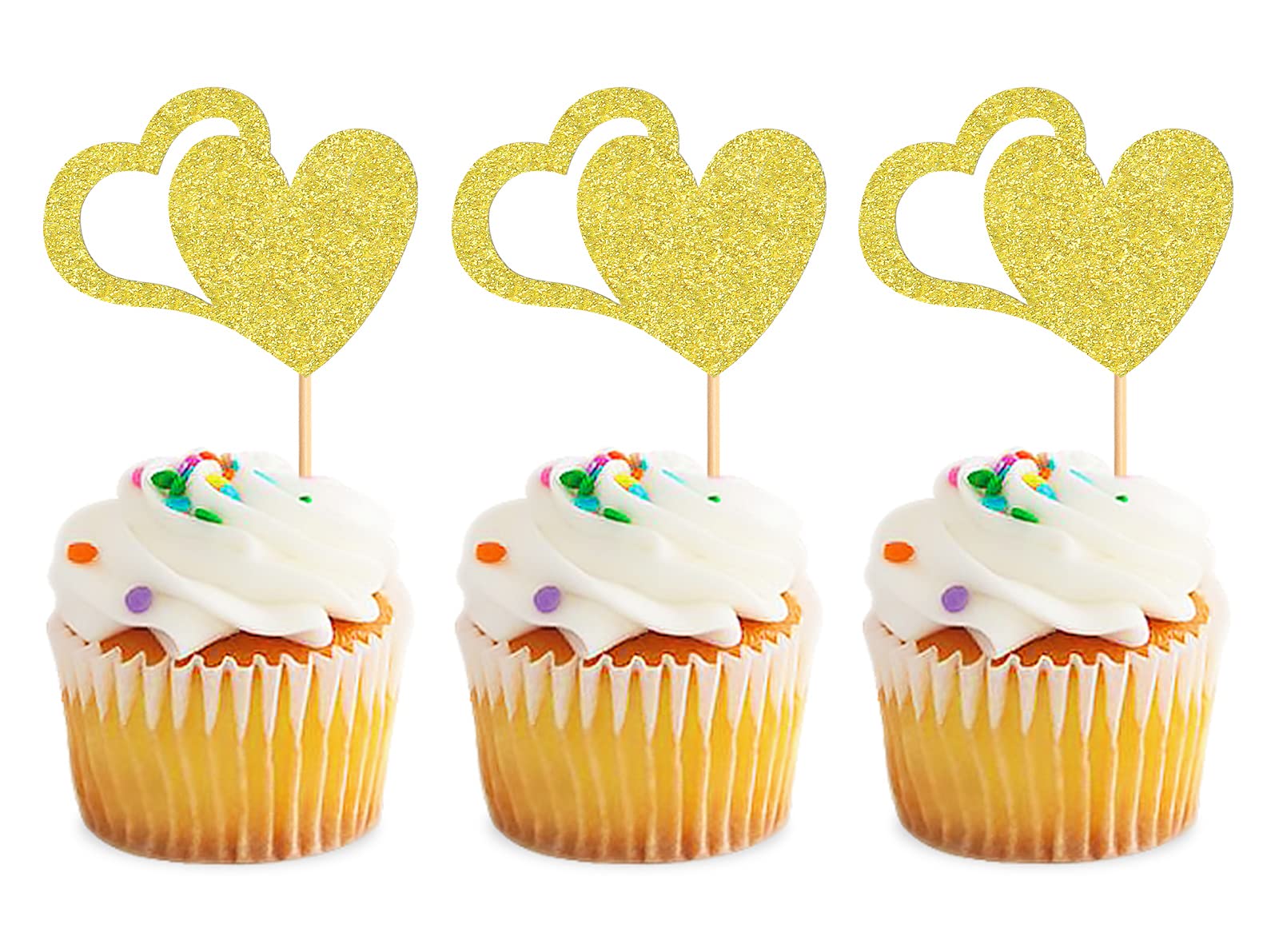 Blumomon 24Pcs Glitter Happy Valentine's Day Cupcake Toppers Cutie Love Heart Cake Decorations for Sweet Love Wedding Engagement Valentine's Day Bridal Shower Party Cake Decors Yellow