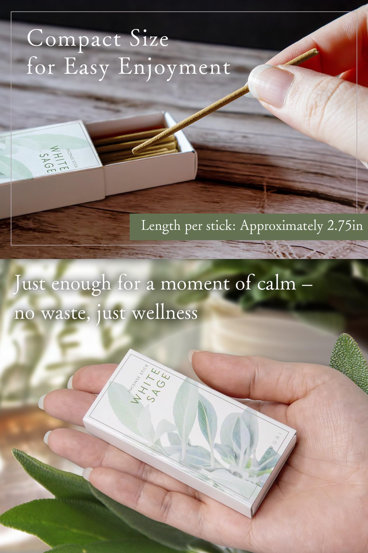 TOMORI - Varillas de incienso japonés, color salvia blanca, aproximadamente 30 unidades de varillas de incienso de limpieza orgánicas para meditación y relajación