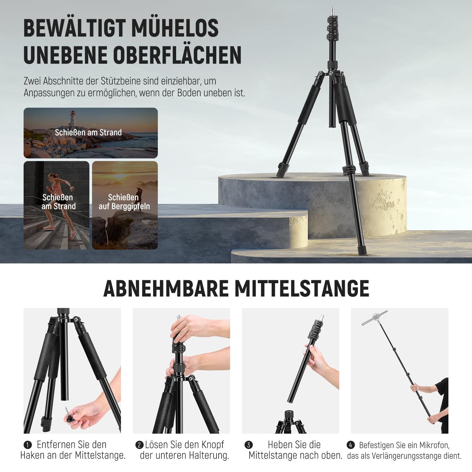 NEEWER Fotografie Lichtstativ, 47–195cm (1,5–6,4 ft) Aluminium-Stativ mit umkehrbarer Studiobeleuchtung, Smartphone Videostativ mit 1/4" Schraube für Blitzlichtkamera Softbox, 2kg Tragkraft, ST195