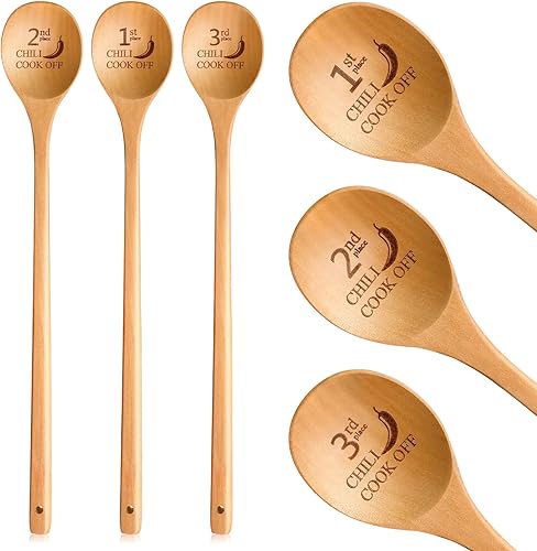 Juego de 3 trofeos de Chili Cook Off, 1, 2º, 3º, cucharas de madera para cocinar, premios de 13 pulgadas, cucharas de cocina de mango largo para
