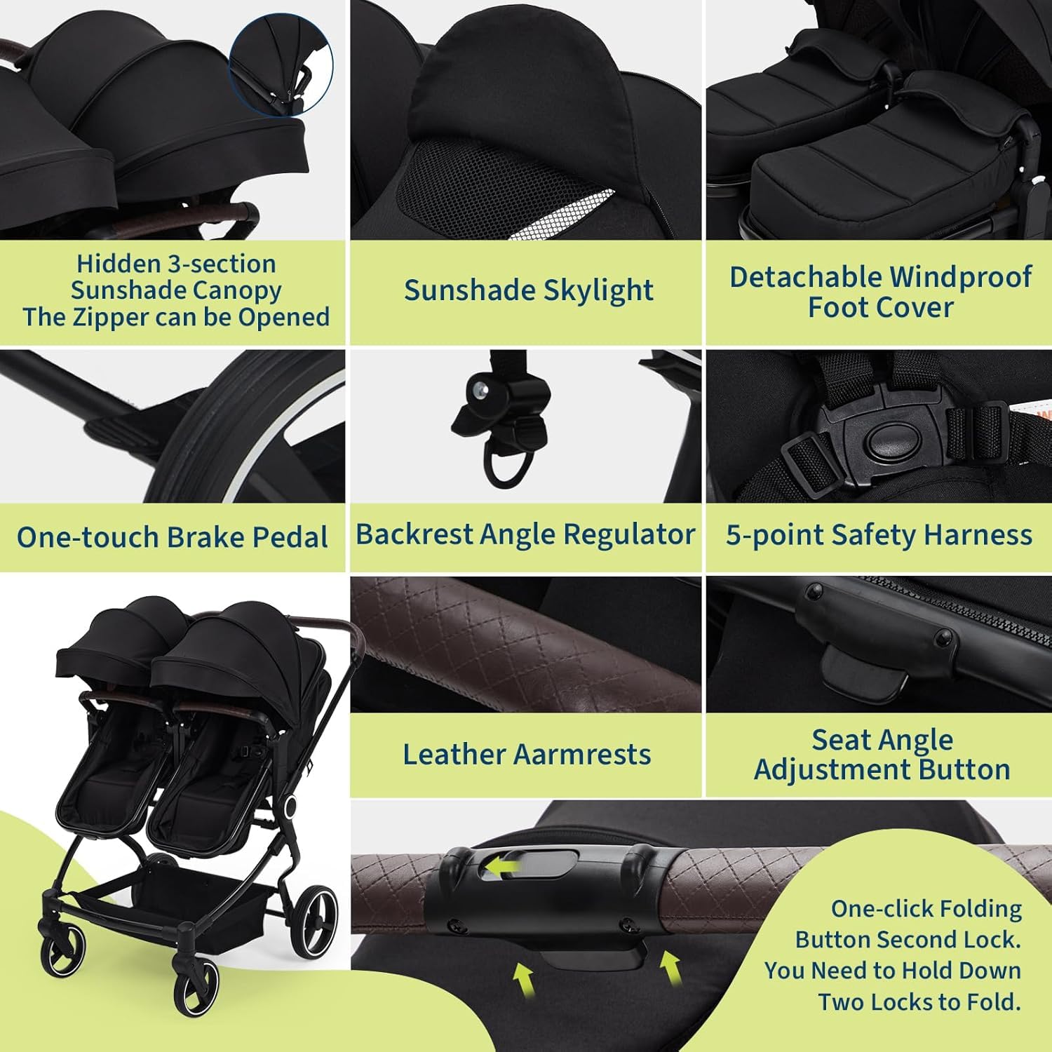 Garvee Poussette Double Légère, Pliable De Voyage, Position Allongée, Avec Siéges Réversibles, Nacelle Bébé, Charge Max 30 kg, De La Naissance à 36 Mois, Noir