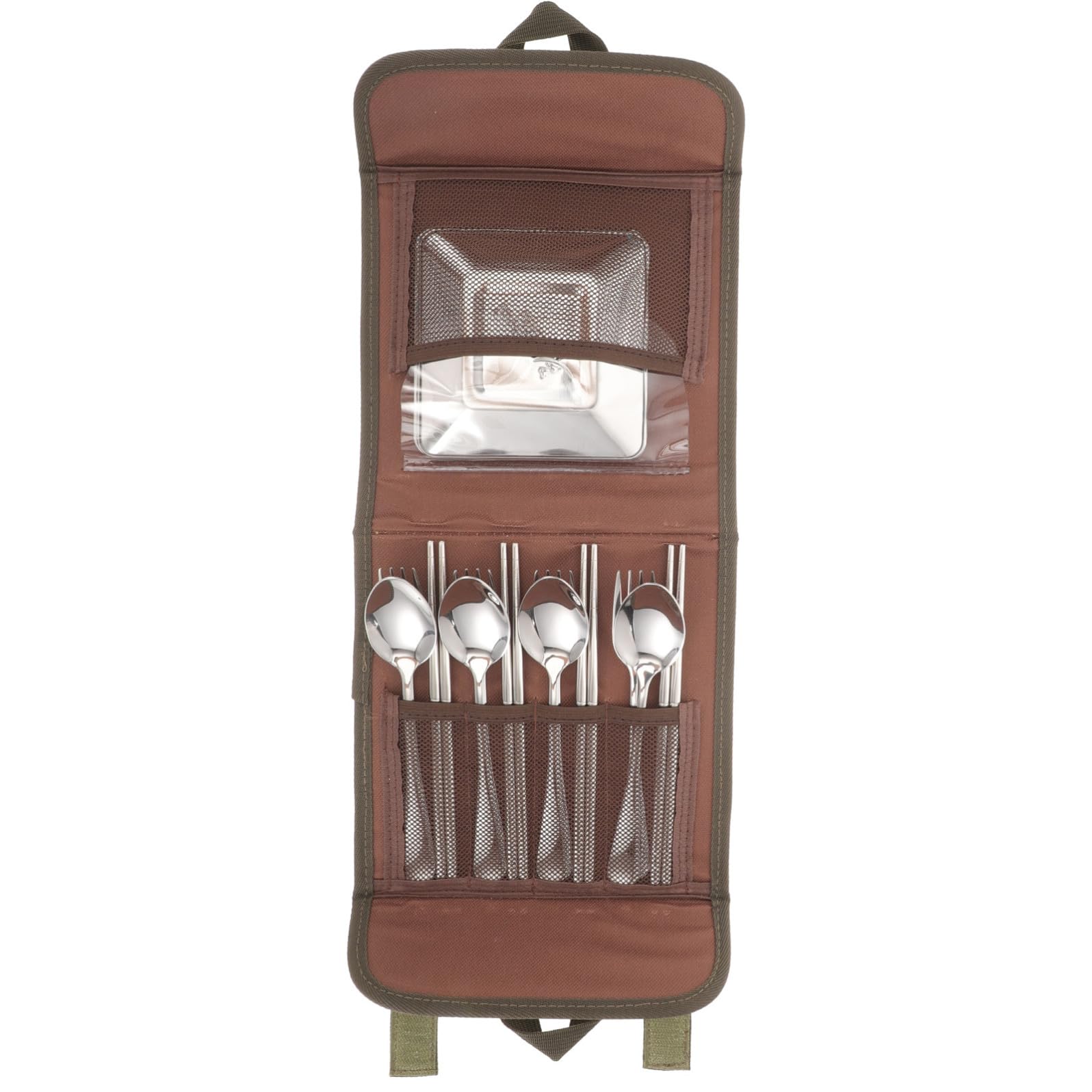 Operitacx Campingbesteckset mit Löffel Essstäbchen Gabel Teller und Tragetasche aus Edelstahl Picknickbesteck Silber Zufällige Farbe für Camping und Picknick