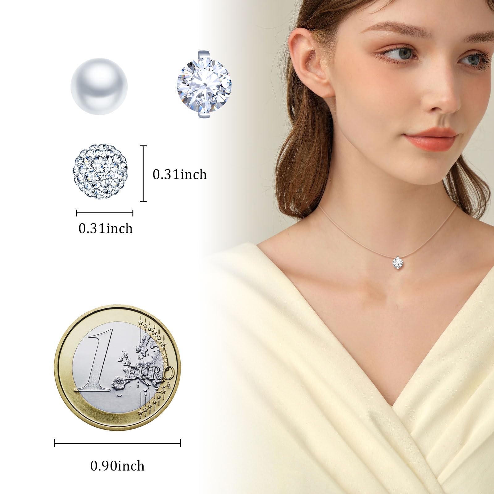 3 Pièces Collier Solitaire Femme Ras du Cou Pendentif Perle/Boule de Cristal/Zircone Ronde, Fermeture en Argent 925, Colliers Invisible Nylon Transparent Bijoux pour Femmes et Filles