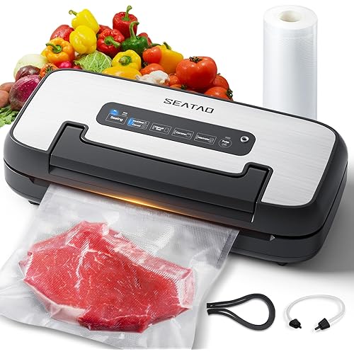 SEATAO Vacuum Sealer Machine for Food, 80Kpa Powerful Food Sealer Vacuum Sealer for Dry/Moist, 7-in-1 Seal a Meal for Sous Vide, Easy-Lock Handle, Built-in Cutter & Bag Storage, Removable Drip Tray