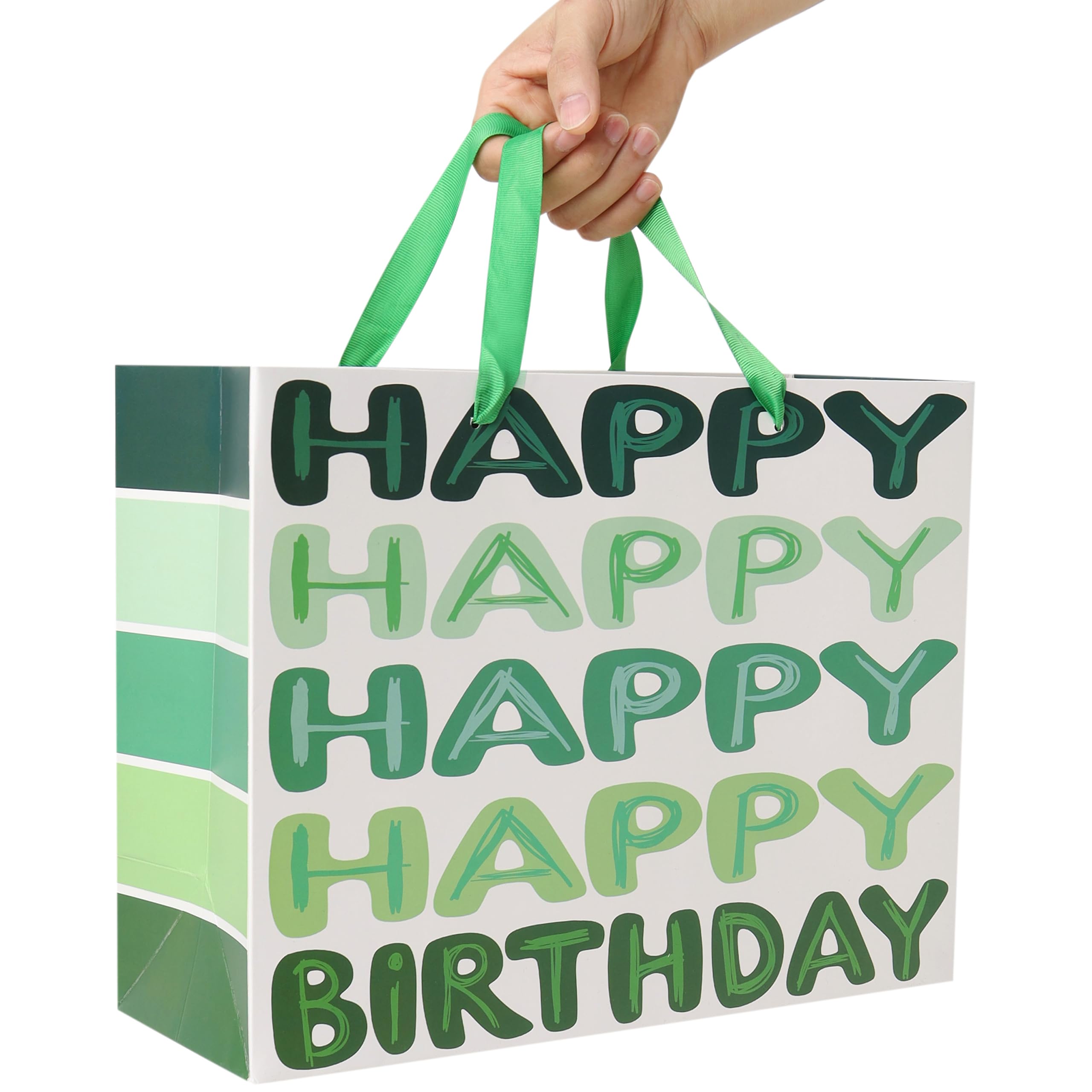 Qirrmiy 13'' Large Green Happy Birthday Gift Bag Set with Handles, Greeting Card, Tissue Papers and Stickers for Women Girls Men Boys Kids Teens, Words Design, 1 Pcs