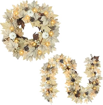 Fall Wreath with Lights and Fall Garland with Lights