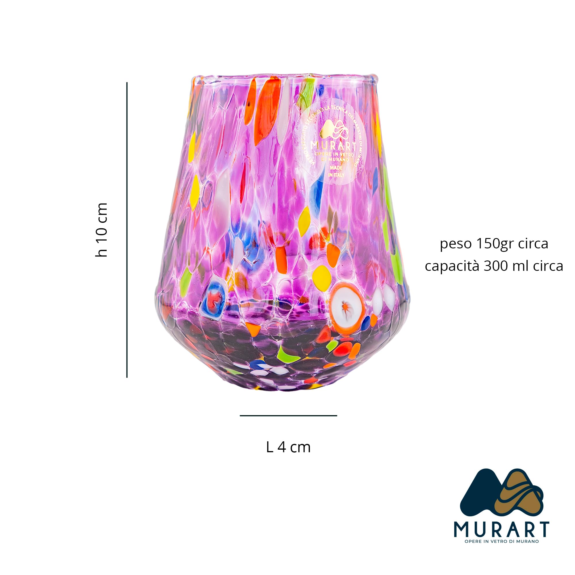 MurArt Bicchieri di Murano Set da 6 bicchieri da 300ml in vetro soffiato a mano in lavorazione artigianale Made in Italy B8 (Misto, Bicchieri Acqua 6pz)