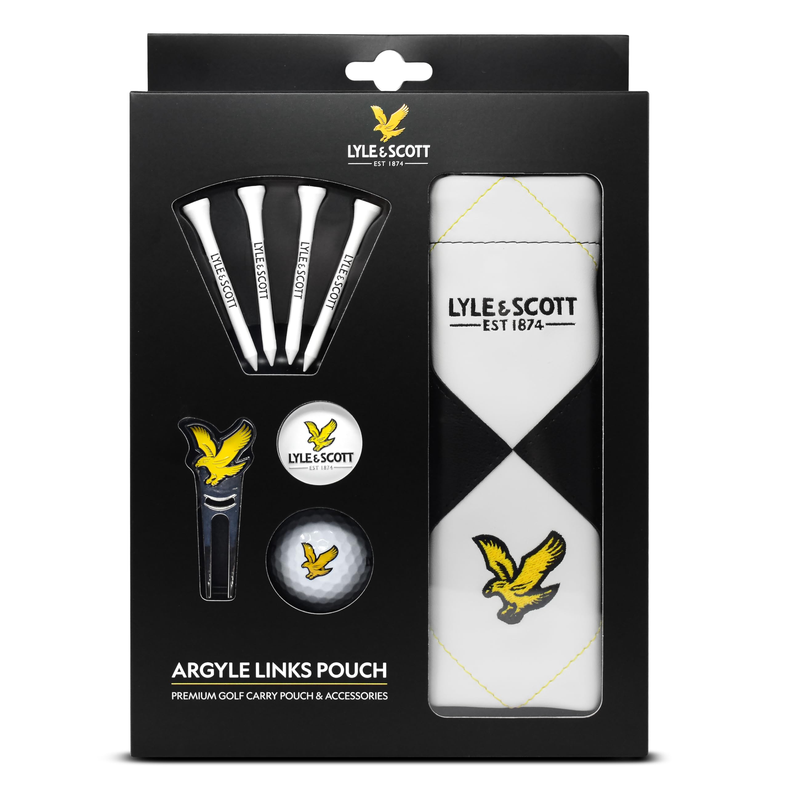 Lyle And Scott Argyle Links Pouch Gift Set – Custodia Deluxe in Pelle con Fodera in Velluto, Regalo Perfetto per Il Campo da Golf, Include Accessori da Golf: Tee in Legno, marcatore per Palline,
