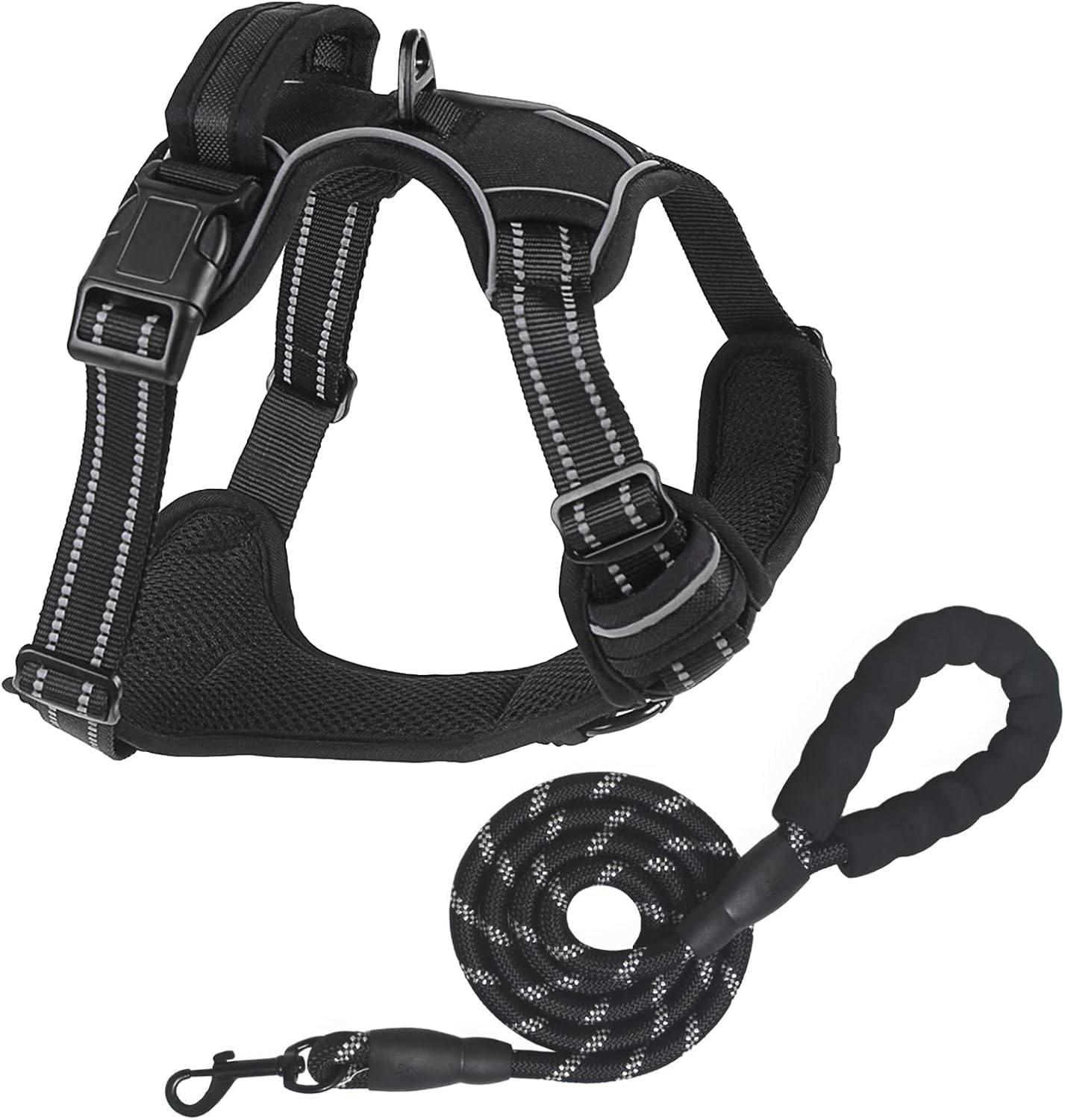 No Pull Dog Harness for Medium Dog with Dog Leash Adjustable Reflective Pet Vest with Front Clip Padded Harness and Lead Set Black M