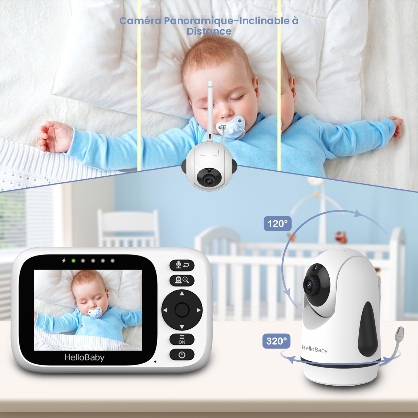 HelloBaby Babyphone Camera, 3,2’’ Écran IPS, Caméra de surveillance bébé, Babyphone sans WiFi, Audio bidirectionnel, Vision nocturne, ECO, Surveillance de température, 8 Berceuses, 305 mètres (HB6339)