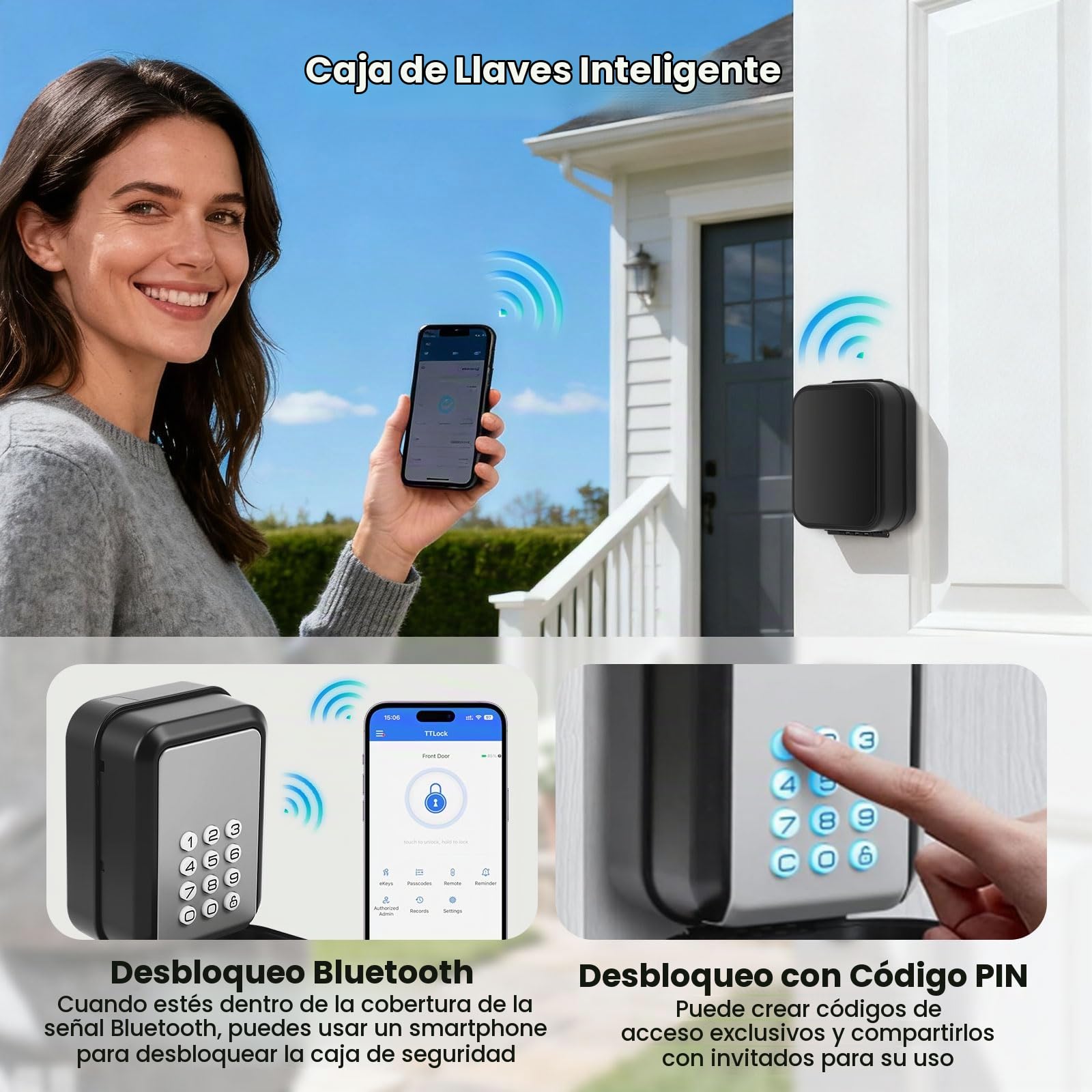 Caja de Seguridad para Llaves con código numérico, caja para llaves inteligente Bluetooth montada en la pared, impermeable Grande Cajetin Llaves,Caja Fuerte para Llaves para casa,garaje,apartamento