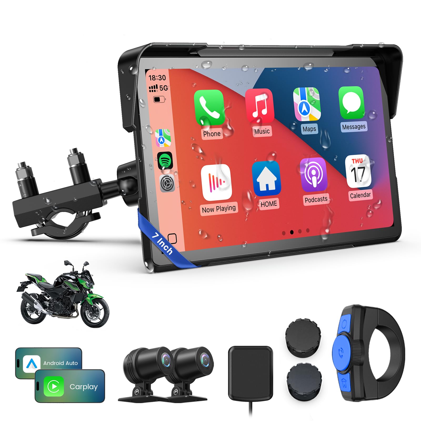 Motorcycle CarPlay screen showing CarPlay and Android Auto interfaces