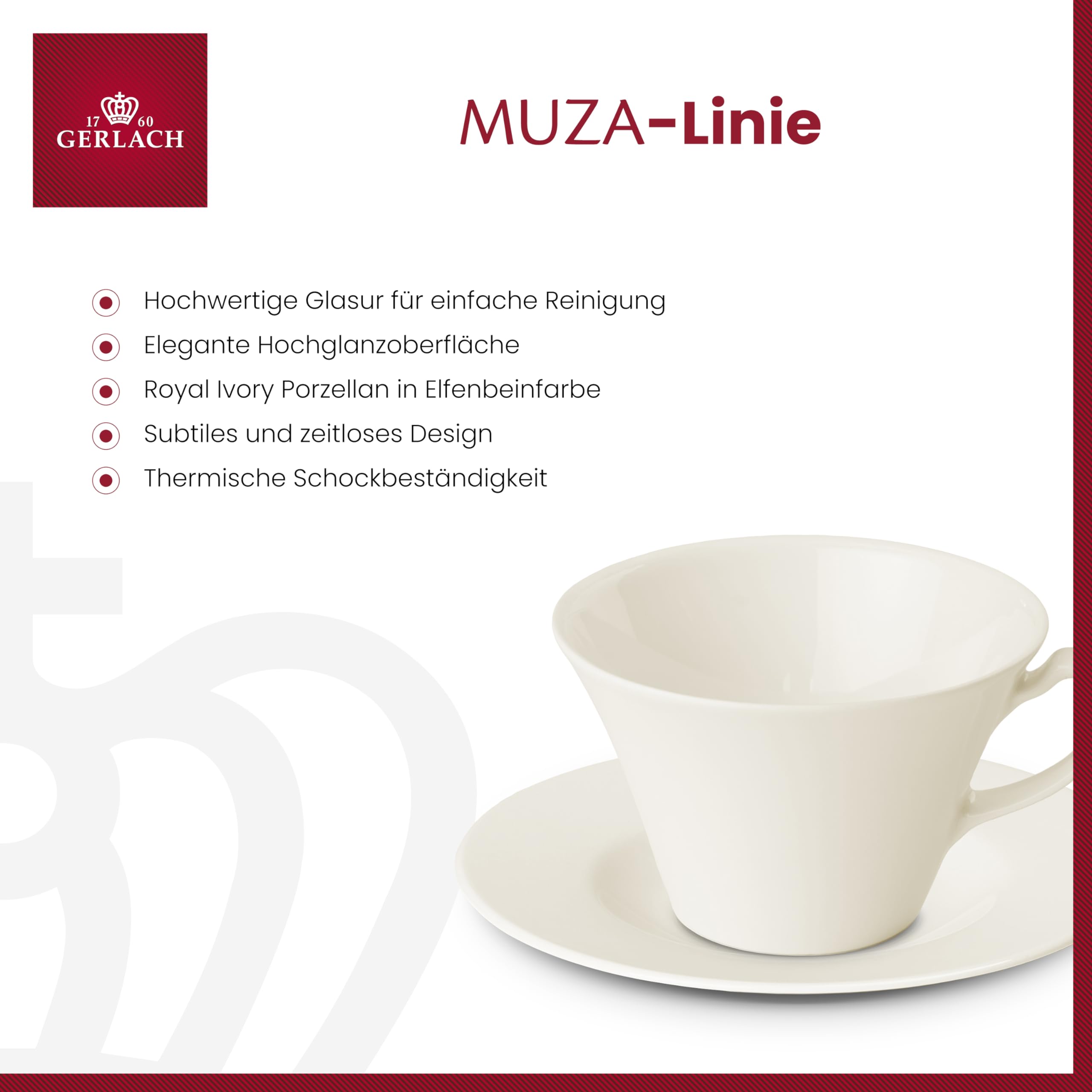 Gerlach Muza Tassen-Set Mit Untertassen 12-Teilig Kaffeetassen 6 Stk Kaffeetasse Teetasse Aus Porzellan Kaffeeservice Für 6 Personen Kaffeebecher Elfenbeinfarbe 250ml