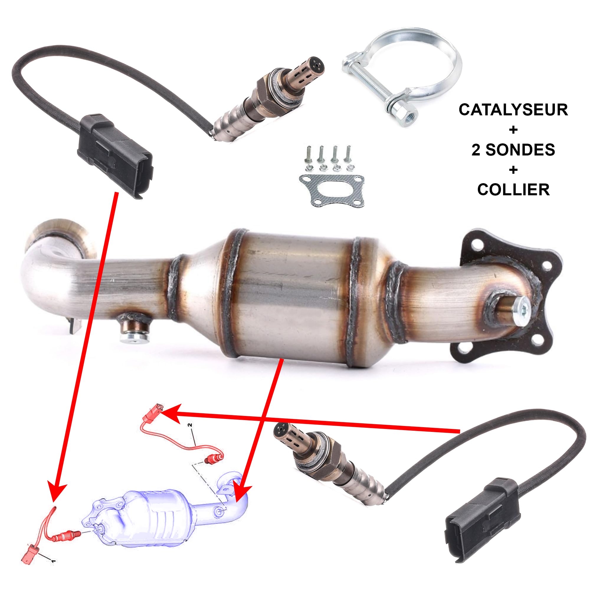 Partsline Kit Catalyseur AVEC 2 Sondes ET Collier d'Échappement compatible avec C1 II, C3 II, C4 Cactus, C-Elysée, DS3, 108, 2008, 208, 301, 308 II, Aygo 1.0 1.2 VTi - 9672883980 3649378 3639472