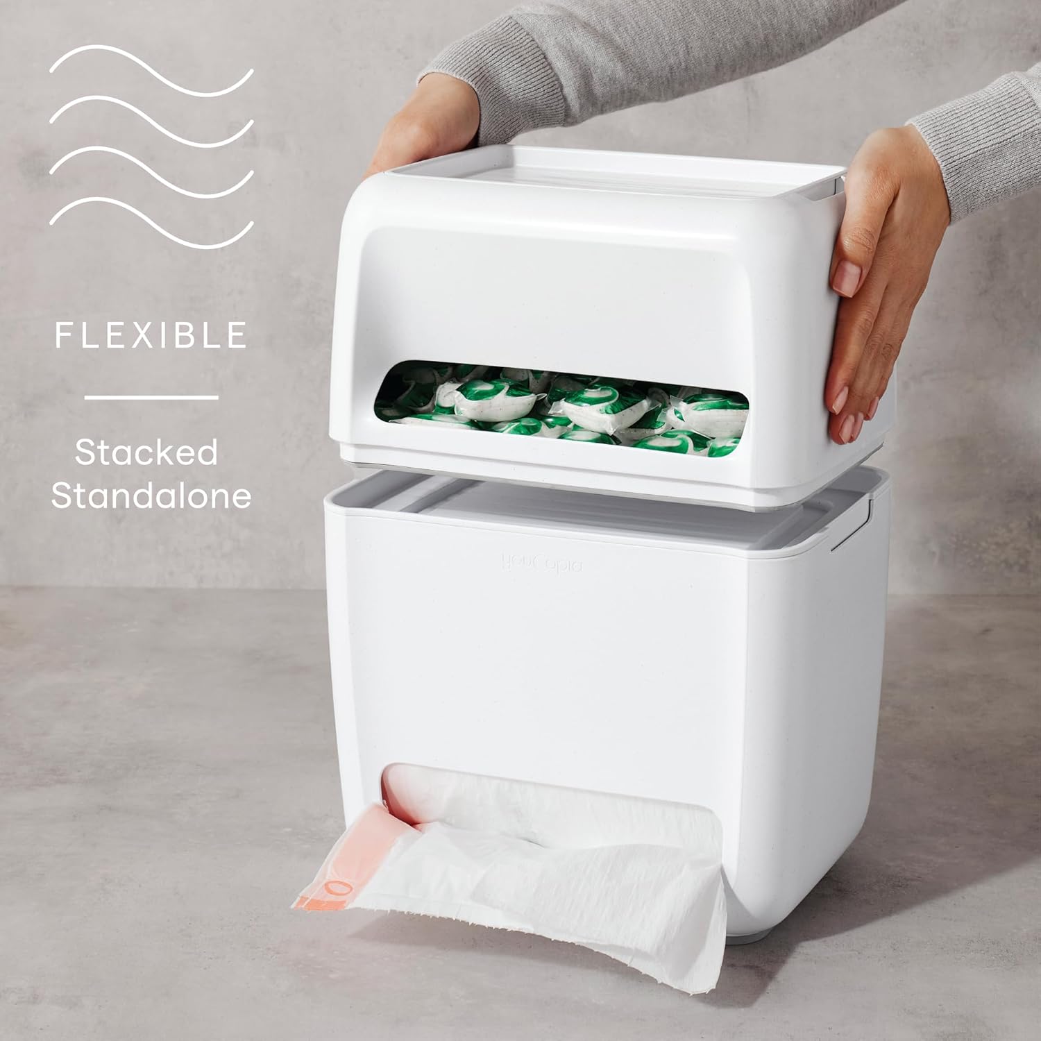 YouCopia SinkSuite Bag & Pod Dispenser, Standing Garbage Bag and Dishwasher Pod Organizer with Removable Lids for Storage, Speckled White - Image 3