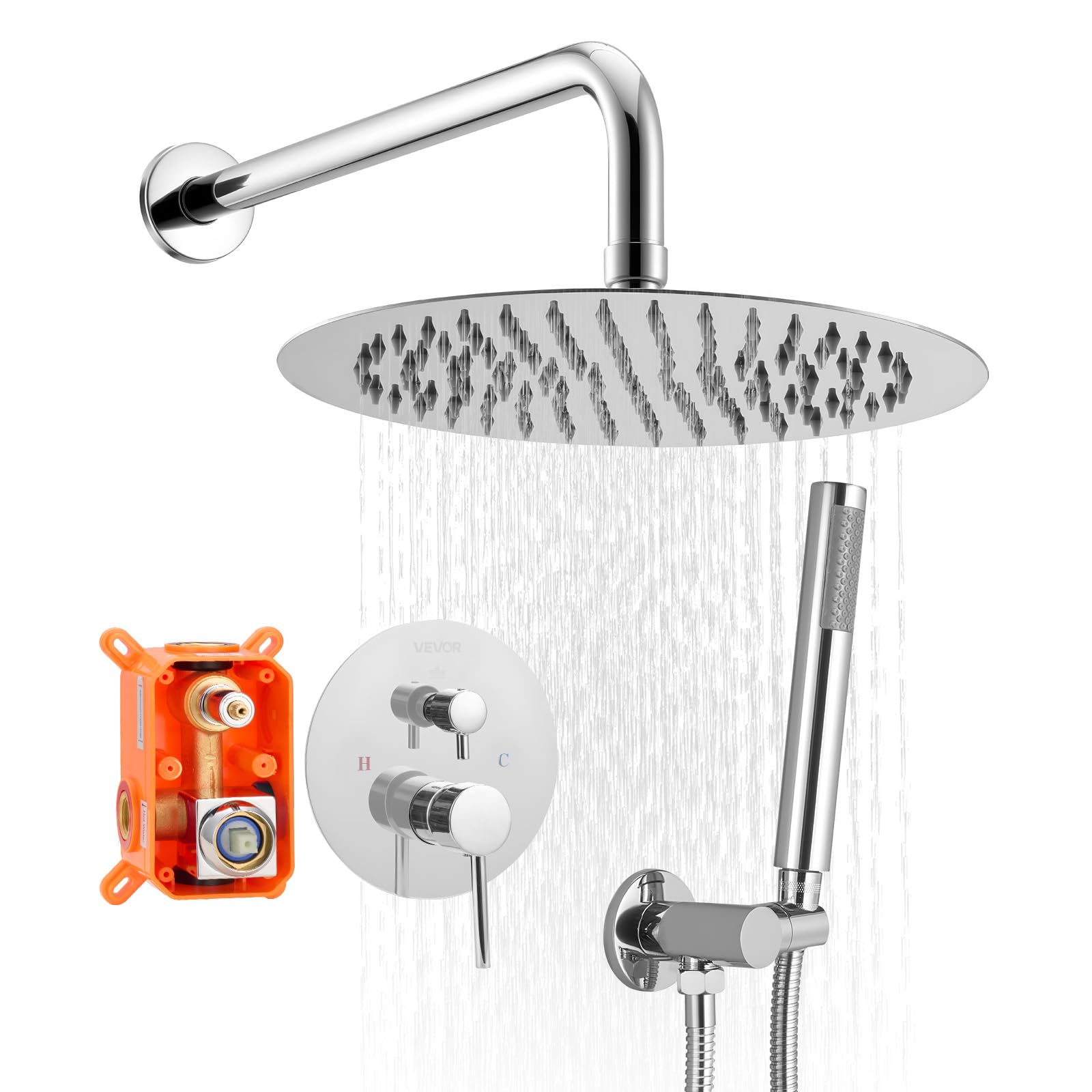 VEVOR Ensemble de Robinetterie de Douche Encastrable, Système de Douche de Pluie avec Pommeau de Tête Rond 25,​4 cm, Douchette à Main et Kit de Garniture, Fixation Murale, Salle de Bain, Argent Chromé