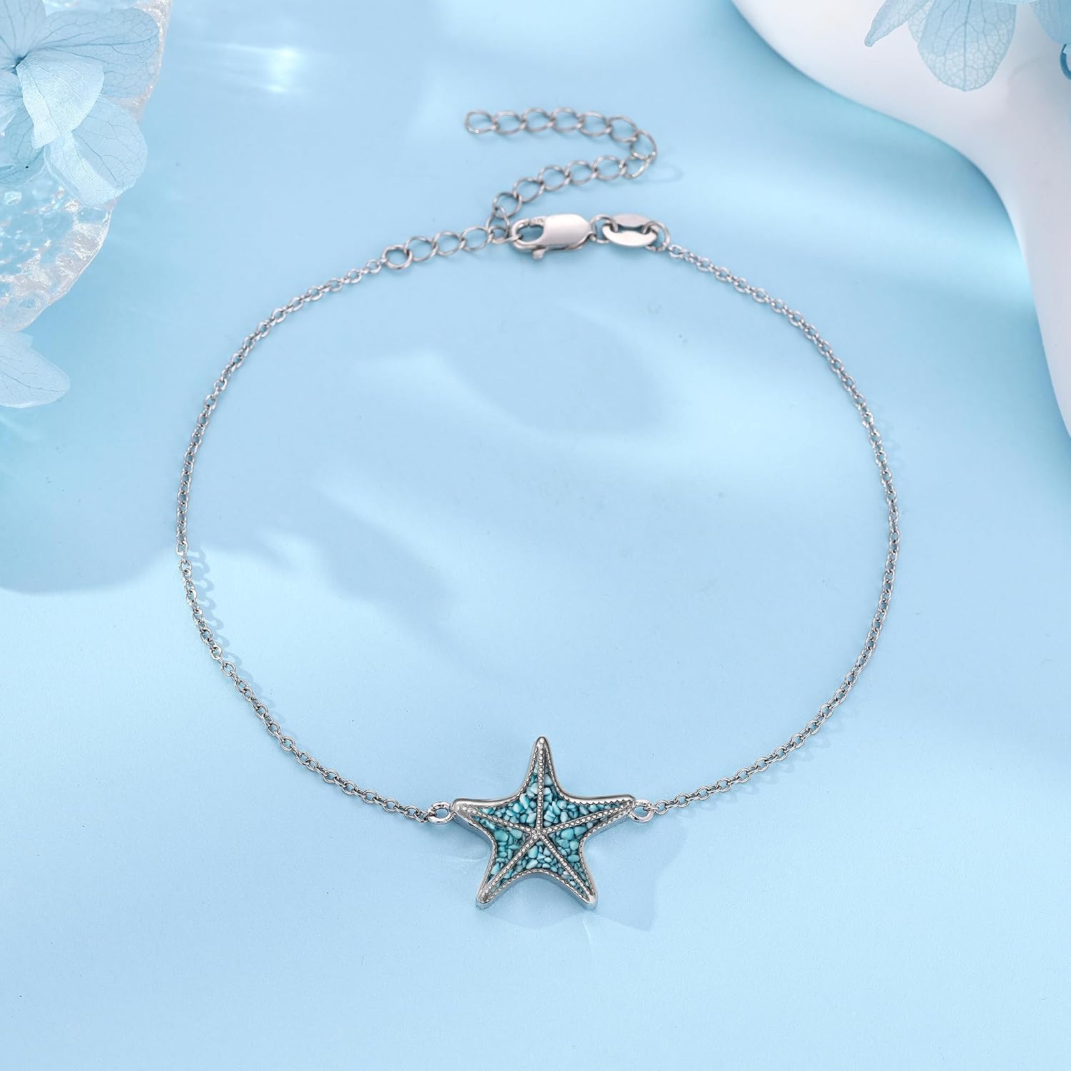Starfish Bracelet 925 Sterling Silver Seashell Bracelet Simulated Turquoise Charm Starfish Jewelry Christmas Gifts for Women